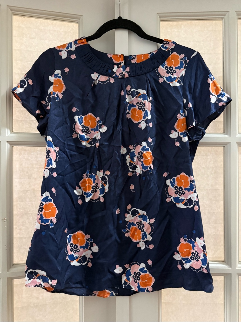 Boden Navy Floral Short-Sleeve Blouse with Orange & Pink Flowers